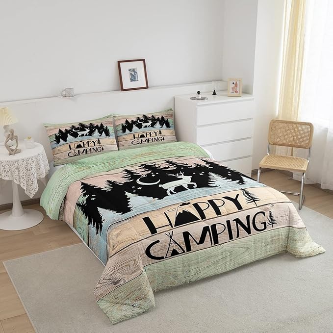 Kids Happy Camping Comforter Set Twin,Cute Deer Camper Bedding Set Rustic Farmhouse Woodland Animal Comforter For Boys Girls Old Barn Door Quilted Duvet Star Moon Pine Tree Decor 2 Pcs Black Green