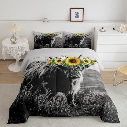 Highland Cow Comforter Set Queen Size for Adult Women Sunflower Cow Print Down Comforter Farmhouse Wild Animal Cows with Gray Fur Quilted Duvet Decor 3 Pcs Bedding ,1 Duvet Cover + 2 Pillowcases