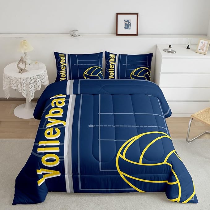 Feelyou Volleyball Bedding Set Queen Size Sports Game Comforter Set for Kids Boys Girls Decor Volleyball Player Comforter Microfiber Blue Yellow Duvet Set Bedroom Quilt Set