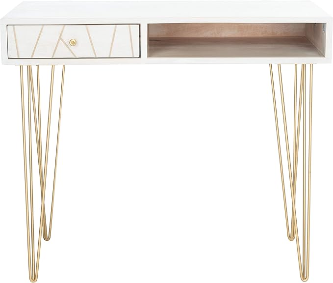 Safavieh Home Office Collection Marigold White Wash and Brass 1-Drawer Hairpin Leg Desk, 0