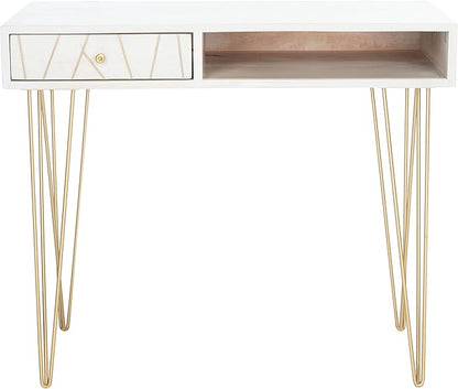 Safavieh Home Office Collection Marigold White Wash and Brass 1-Drawer Hairpin Leg Desk, 0