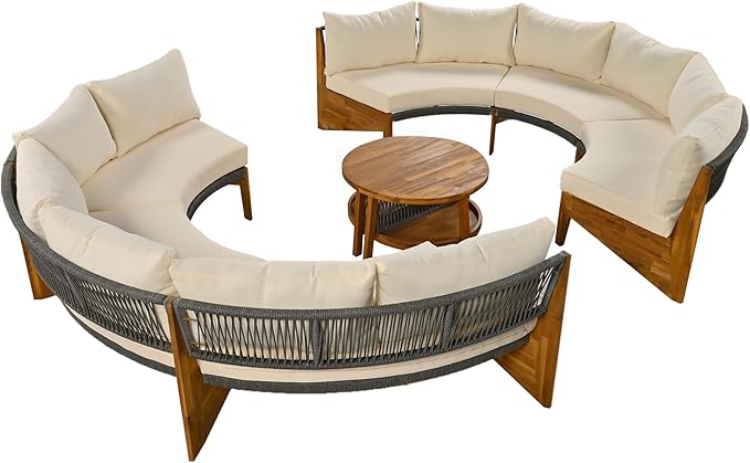 Merax Outdoor Sectional Patio Furniture Sets, Half Moon All Weather Wicker Seating Group, with Cushions and Round Coffee Table, Beige
