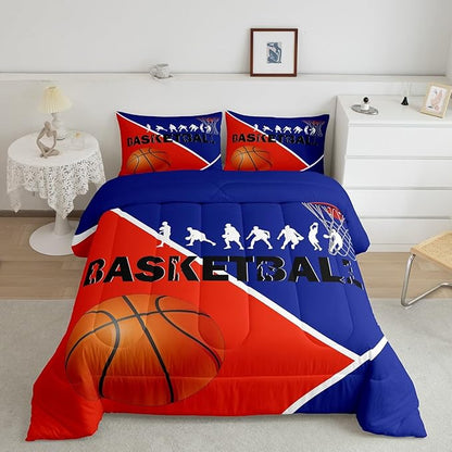 Erosebridal Basketball Queen Bedding Sets For Boys Girls Basketball Player Comforter Set Sports Bedding Comforter Sets For Kids Teen Orange Blue Geometric Quilt Duvet 2 Pillow Cases Bedroom Dorm Decor