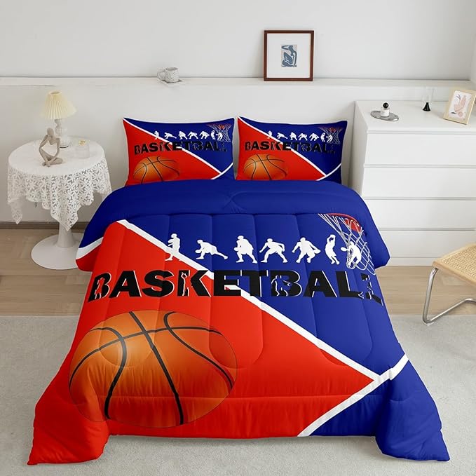 Erosebridal Basketball Twin Bedding Sets for Boys Girls Basketball Player Comforter Set Sports Bedding Comforter Sets for Kids Teen Orange Blue Geometric Quilt Duvet 1 Pillow Case Bedroom Dorm Decor