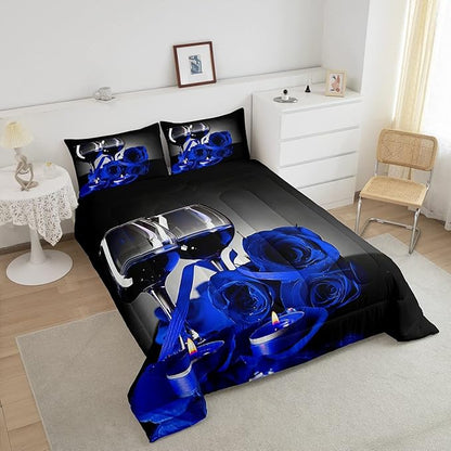 Erosebridal Rose Wine Glass Comforter Set for Girls Royal Blue Rose Bedding Twin Botanical Floral Quilt Set 3D Print Flower Romantic Valentine's Day Duvet Set, Women Men Adult Grey Black Comforter