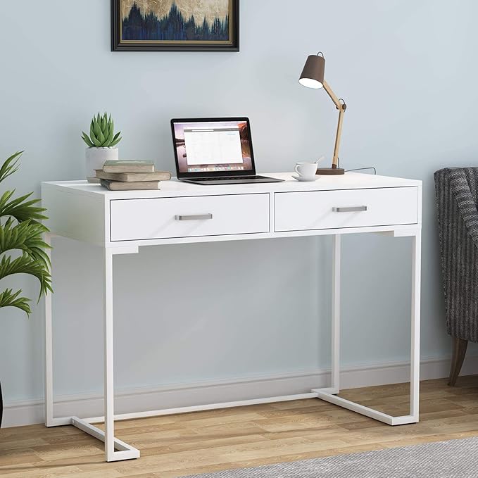 Tribesigns 40 Inch White Computer Desk, White Writing Desk with 2 Drawers, Modern Simple Study Desk Makeup Vanity Table for Bedroom Small Spaces