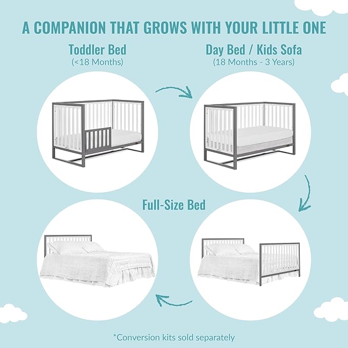 Arlo 5-in-1 Convertible Crib in Steel Grey and White, JPMA Certified, 3 Mattress Height Settings, Non-Toxic Finish, Made of Sustainable and Sturdy Pinewood