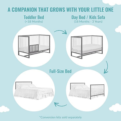 Arlo 5-in-1 Convertible Crib in Steel Grey and White, JPMA Certified, 3 Mattress Height Settings, Non-Toxic Finish, Made of Sustainable and Sturdy Pinewood