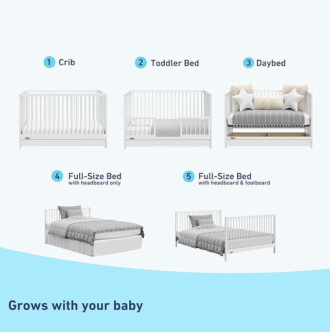 Graco Teddi 5-in-1 Convertible Crib with Drawer (White) – GREENGUARD Gold Certified, Crib with Drawer Combo, Full-Size Nursery Storage Drawer, Converts to Toddler Bed, Daybed and Full-Size Bed