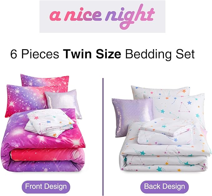 A Nice Night 6Pcs Gradient Glitter Bedding Set for Girls, Colorful Rainbow Galaxy Comforter Set, Ultra Soft Bedding Sets (Pink-Purple,Twin 6Pcs)
