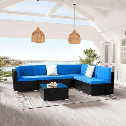 Outvita OutdoorRattan Conversation Set, 7 Pieces PE Rattan Sofa Wicker Patio Furniture Sets with Waterproof Soft Cushion for Backyard Porch Garden Poolside (Black & Blue)