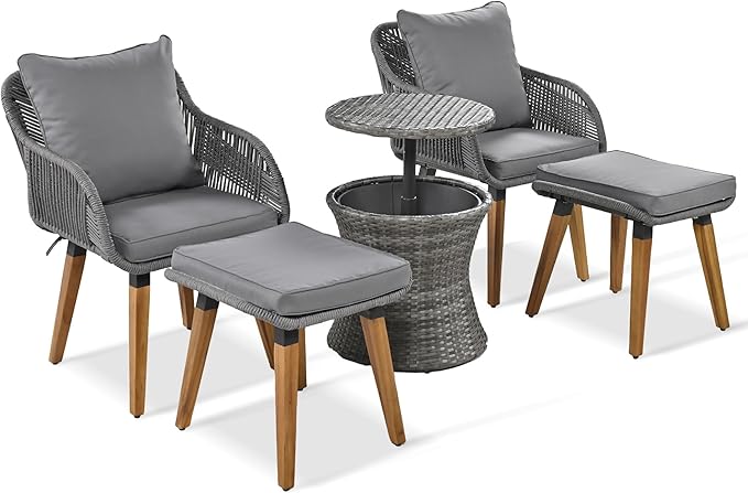 5-Pieces Outdoor Furniture Bistro Set with Wicker Cool Bar Table, Rope Weaving Patio Chairs and Ottomans for Porch Backyard Balcony Poolside, Onesize, Grey