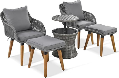 5-Pieces Outdoor Furniture Bistro Set with Wicker Cool Bar Table, Rope Weaving Patio Chairs and Ottomans for Porch Backyard Balcony Poolside, Onesize, Grey