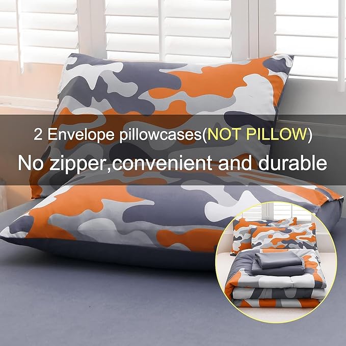 Meeting Story Camouflage Bedding Set, Colorful Pattern Style Comforter Set, 5 PCS One Comforter Two Pillowcases Two Sheets in One Bag, All Season Bedspread for Teens Adults (Orange, Queen 5Pcs)