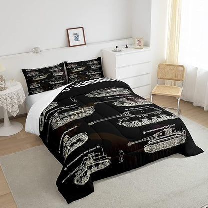 Tank Comforter Set Full, War Theme Bedding Set, Soldier Dirt Bike Camouflage Army Acting Down Comforter For Kid Boy Teen Men,Camo Vintage Style Quilt Set, Military Vehicle Duvet Set Room Decor