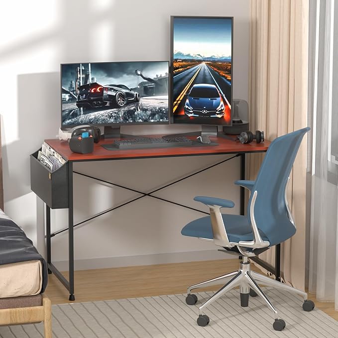 MoNiBloom Home Office Computer Desk with Storage Bag, 47" Writing Study Modern Simple Style Laptop Table, Teak Color