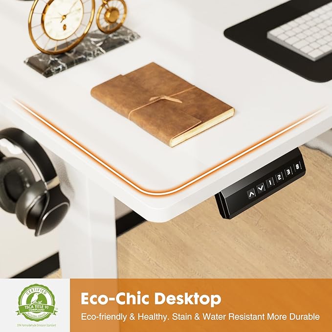 Sweetcrispy Standing Desk -55 in Electric Standing Desk, Height Adjustable Stand Up Desk for Home Office, Sit Stand Desk Stable Computer Rising Desk with Spliced Board, 2 Storage Hooks, White