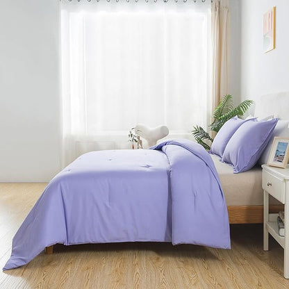 Queen Lavender Purple Comforter Set, Solid Luxury Skin-friendly Boho Bedding Set & Collections, Breathable Fluffy Microfiber 3 PCS (90"x90") Comforter Set for All Seasons with Pillowcases