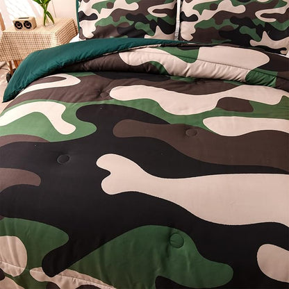 Meeting Story Camouflage Bedding Set, green Colorful Pattern Queen Comforter Set, 3 PCS One Comforter and Two Pillowcases in One Bag, All Season Bedspread for Teens Adults (green, King)