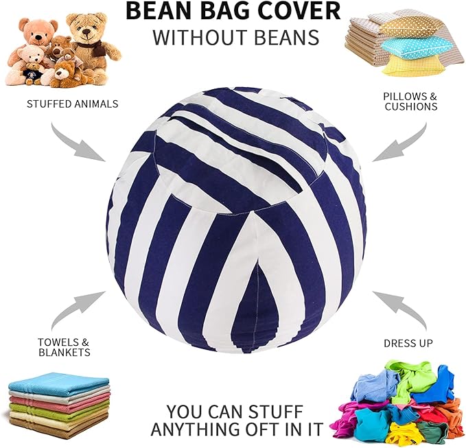 2 PCS Stuffed Animal Storage Bean Bag Chair Cover, Cotton Canvas Beanbag with Zipper for Organizing Kid's and Adults Room Vertical Stripe Blue 24"
