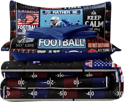 American Football Bedding Twin for Teen Boys, Kids Sports Comforter Set Bed in A Bag, Blue Children Bed Set with Sheets Twin Size