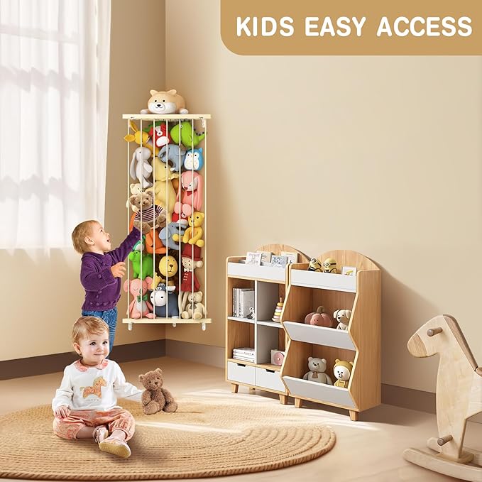 Stuffed Animal Storage Toy Organizer: Corner Stuff Animals Holder for Wall with Adjustable Length - Kids Plush Toys Storage for Nursery Playroom Bedroom Kids Room(Beige)