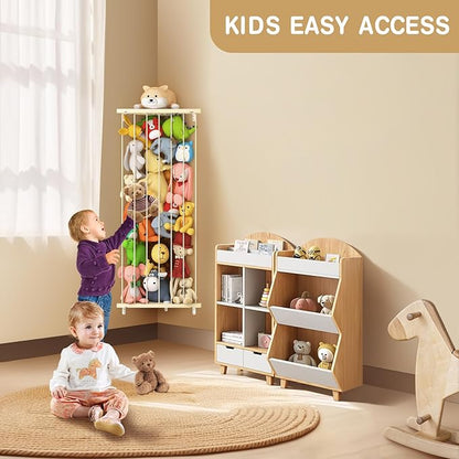 Stuffed Animal Storage Toy Organizer: Corner Stuff Animals Holder for Wall with Adjustable Length - Kids Plush Toys Storage for Nursery Playroom Bedroom Kids Room(Beige)