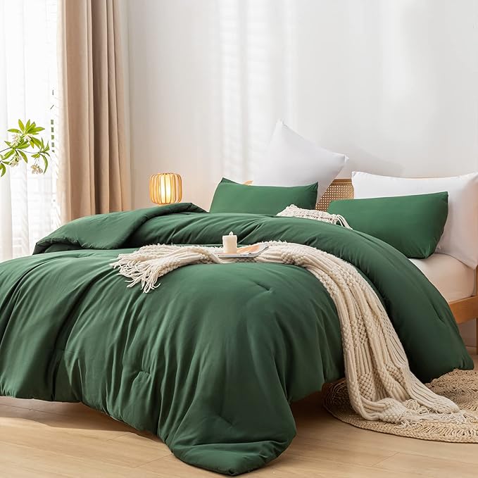 Emerald Full Size Comforter 3PCS Microfiber Full Size Comforters Set for All Season Boho Dark Green Comforter for Women and Men Soft Lightweight Bed Comforter Set