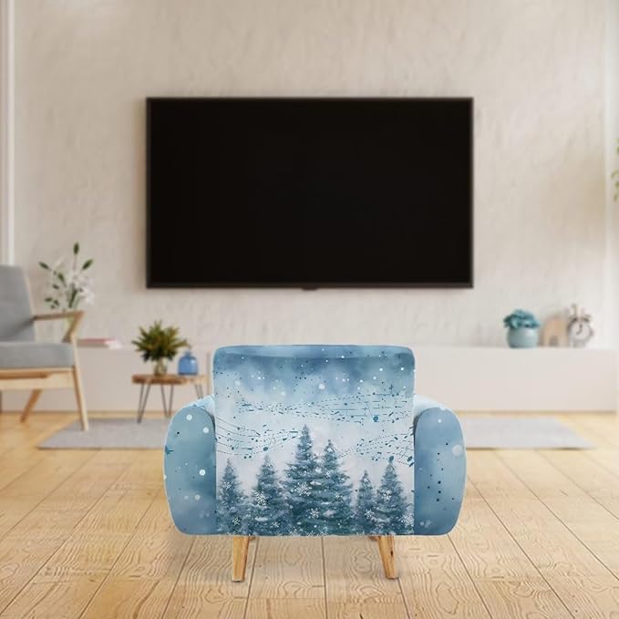 FKELYI Blue Christmas Tree Easy Going Stretch Sofa Slipcover Snow Sofa Couch Cover with Elastic Bottom Stretch Sofa Slipcovers S
