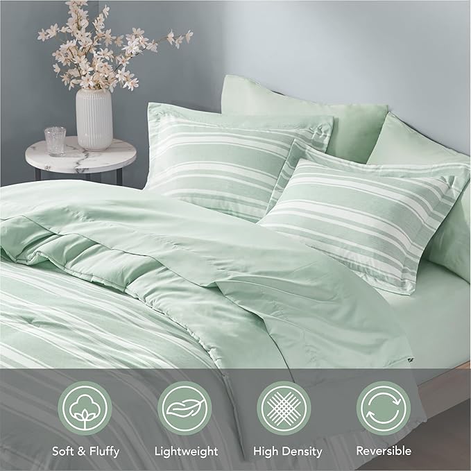 Codi Full Size Comforter Set with Sheets, Sage Green Bed in a Bag for Teen, 7 Piece Striped Bed Sets for All Seasons with 1 Comforter, 2 Pillow Shams, Flat Sheet, Fitted Sheet and 2 Pillowcases