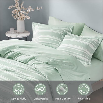 Codi Queen Comforter Set 7 Piece, Sage Green White Striped Bed in a Bag Reversible, Cationic Dyeing Shabby Chic Bedding Sets with Comforter, Sheets, Pillowcases & Shams