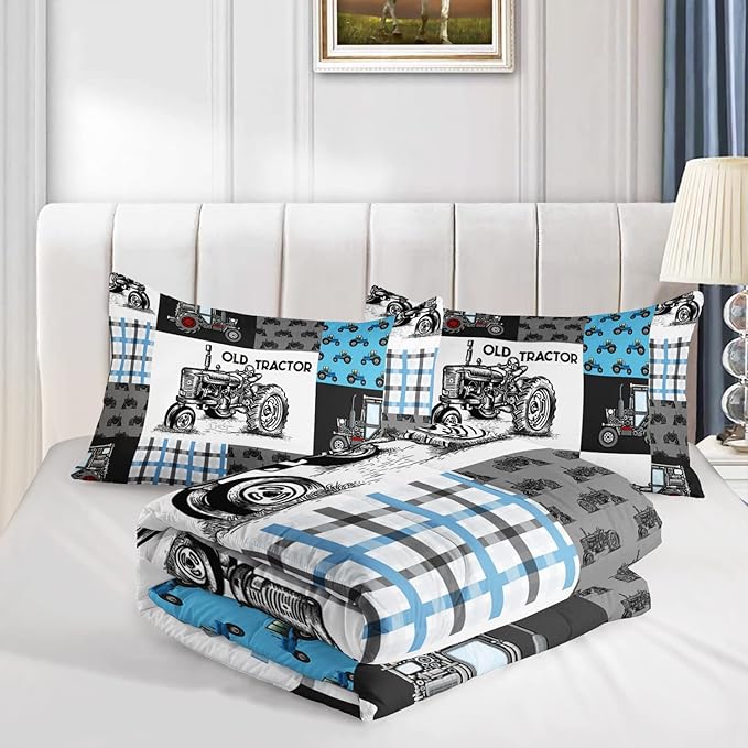 Axolotl Tractor Comforter Set Twin Size,Cartoon Truck Car Comforter Set for Boys,Farm Excavator Bedding Set with Old Tractor for Kids Boys Teens Adult All Season,1 Quilt 2 Pillowcases