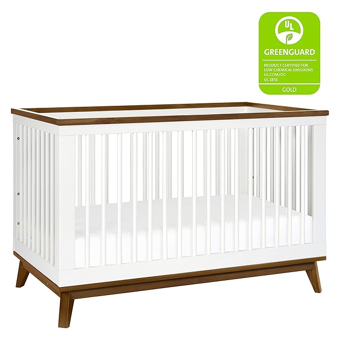 Babyletto Scoot 3-in-1 Convertible Crib with Toddler Bed Conversion Kit in White and Natural Walnut, Greenguard Gold Certified