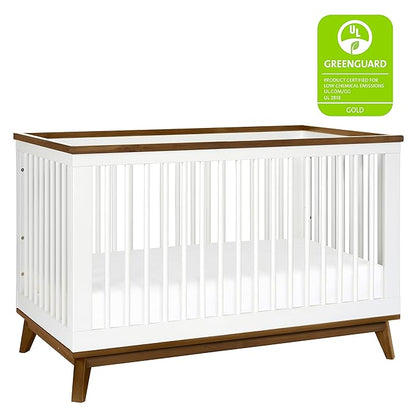 Babyletto Scoot 3-in-1 Convertible Crib with Toddler Bed Conversion Kit in White and Natural Walnut, Greenguard Gold Certified