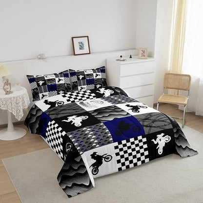 Dirt Bike Comforter Set, Motocross Rider Bedding Comforter Sets Full, Motorcycle Grunge Down Comforter For Kids Boys Adult Men, Motorbike Extreme Sport Game Comforter, Buffalo Plaid, Blue Grey Black