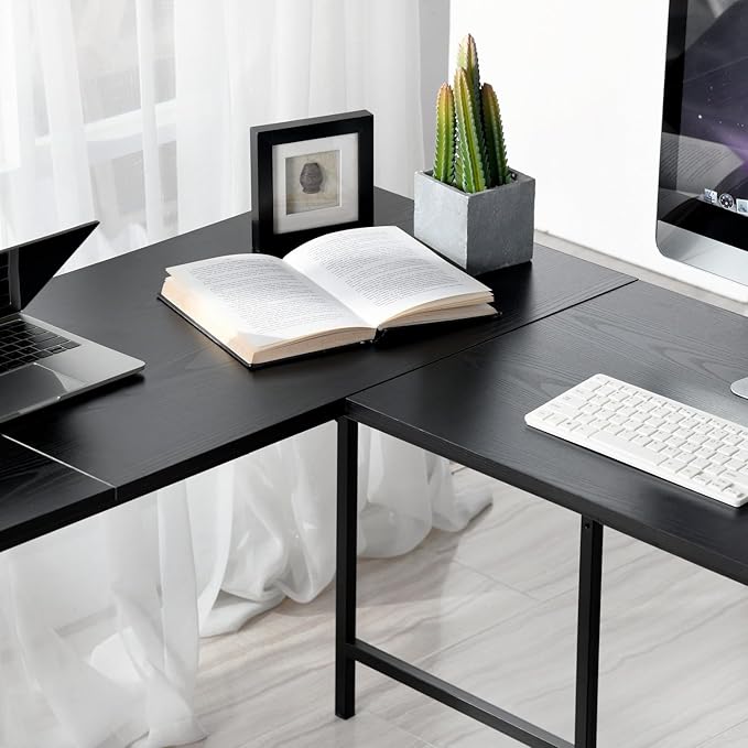 FurnitureR L-Shaped 58.3'' Corner Computer Desk with Storage Shelf Long Gaming Desk for Home Office PC Workstation Saving Space Laptop Table, Black and Brown