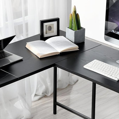 FurnitureR L-Shaped 58.3'' Corner Computer Desk with Storage Shelf Long Gaming Desk for Home Office PC Workstation Saving Space Laptop Table, Black and Brown