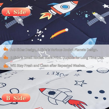 RYNGHIPY Kids Comforter Set Full Size, Cute Space Rocket Bedding Set for Boys Girls, Space Themed Teen Boy Bedding (Space Rocket,Full)