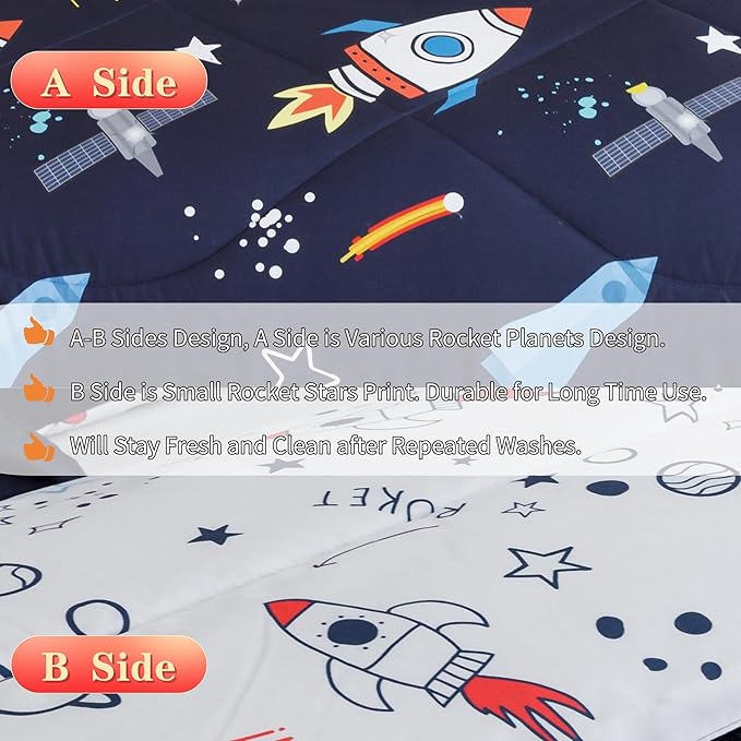 RYNGHIPY Kids Comforter Set Queen Size, Cute Space Rocket Bedding Set for Boys Girls, Space Themed Teen Boy Bedding (Space Rocket,Queen)