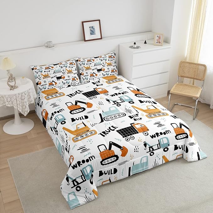 Feelyou Kids Cartoon Excavator Bedding Set Boys Vehicles Truck Car Comforter Child Cute Building Equipment Comforter Set Funny Construction Transport Duvet Set Colorful Room Decor Queen Size Boys