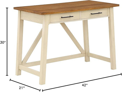 OSP Home Furnishings Milford Rustic 42 Inch Writing Desk with 2 Drawers and Burnished Decorative Hardware, Antique White