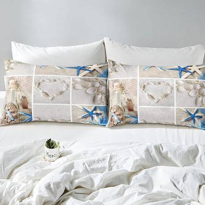 Erosebridal Beach Comforter Set, Ocean Themed Bedding Set Queen Size Coastal Nature Duvet Sets Starfish Love Heart Bedding Comforters for Kids Boys Girls Teens Adult Bedroom Decor
