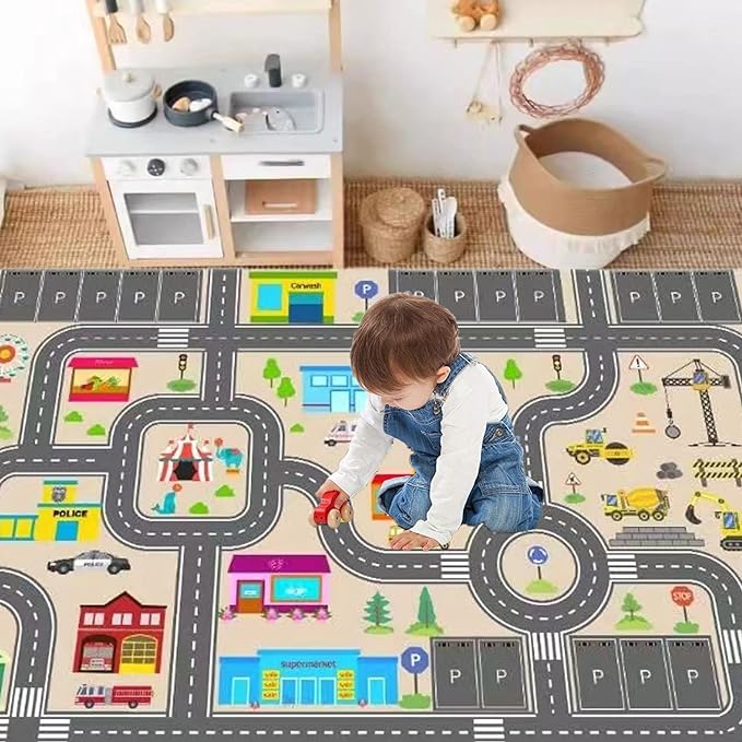 Kids Rug Play Mat for Toy Cars,City Life Road Traffic Educational Carpet,Have Fun Throw Rug,Non-Slip Nursery Rug for Boy and Girl Bedroom 180×270cm/71×106in