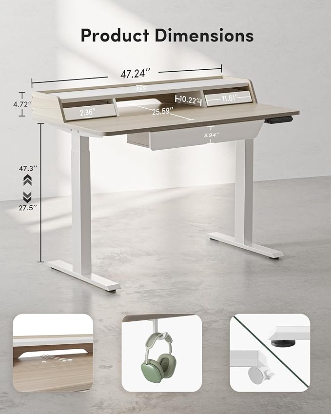 BANTI Height Adjustable Electric Standing Desk with Three Drawers, 48 x 25 Inch Table with Storage Shelf, Sit Stand Desk with Storage Space, Splice Board with White Frame/Light Walnut Top, 48 inch