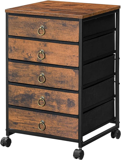 HOOBRO 5-Drawer Chest, File Cabinet, Office Cabinet with Drawers, Rolling Printer Stand, Filing Cabinet for Living Room, Home Office, Nonwovens Drawer, Easy Assembly, Rustic Brown BF50WJ01