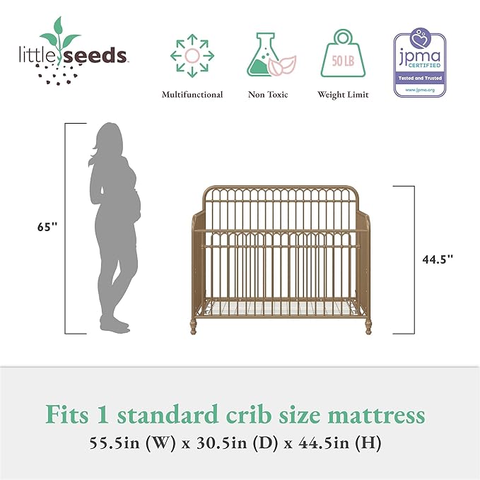 Little Seeds Ivy 3-in-1 Convertible Metal Crib, JMPA Certified, Gold