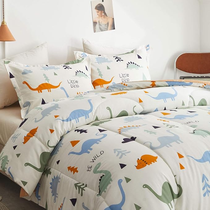 Joyreap 3pcs Cotton Comforter Set for Kids, Dinosaur Full/Queen Size Cotton Bedding Comforter for Boys Girls, White n Orange Reversible Design, Soft n Cozy Comforter for All Season- 88x88 inches