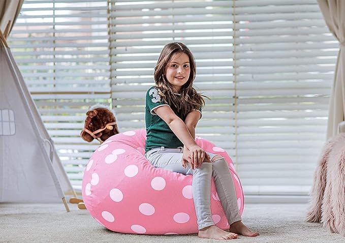 Wekapo Stuffed Animal Storage Bean Bag Chair Cover for Kids | Stuffable Zipper Beanbag for Organizing Children Plush Toys Large Premium Cotton Canvas (Pink Dot, XX-Large)