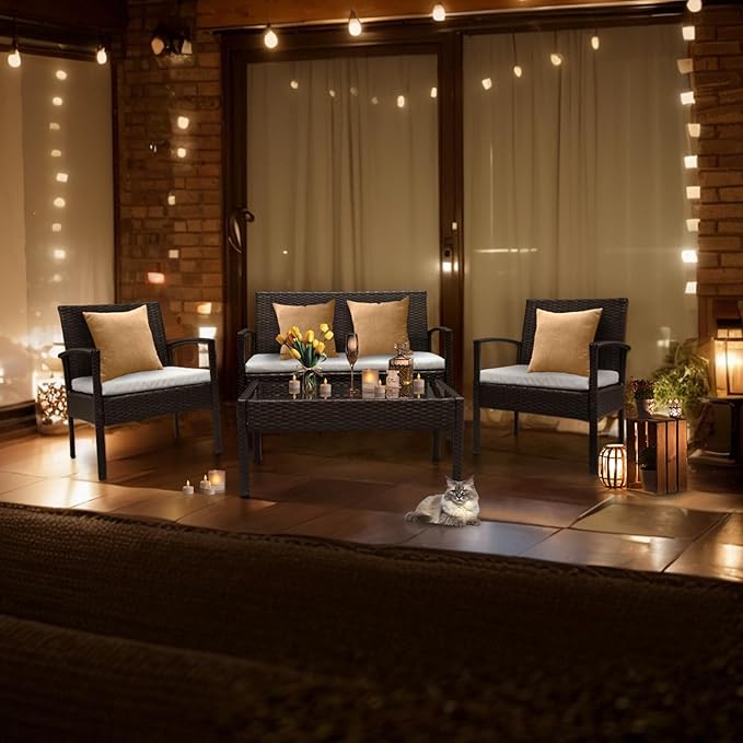 Outvita 4 Pieces Patio Furniture Set, Rattan Conversation Sets with Loveseat Soft Cushion and Glass Table for Garden Backyard Balcony Porch Poolside(Black)