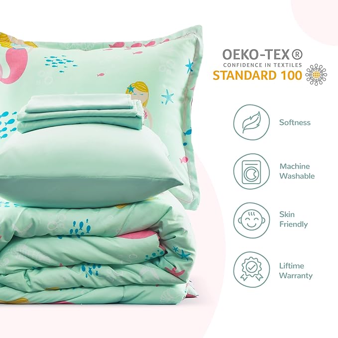 SLEEP ZONE Kids Bedding Comforter Set Full/Queen Size - Super Cute & Soft Kids Bedding 7 Pieces Set with Comforter, Sheet, Pillowcase & Sham (Mermaid Princess)